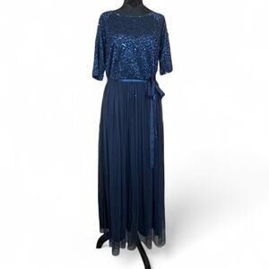 Vintage Navy Blue Sequin Lace Maxi Dress Romantic Formal Evening XXL